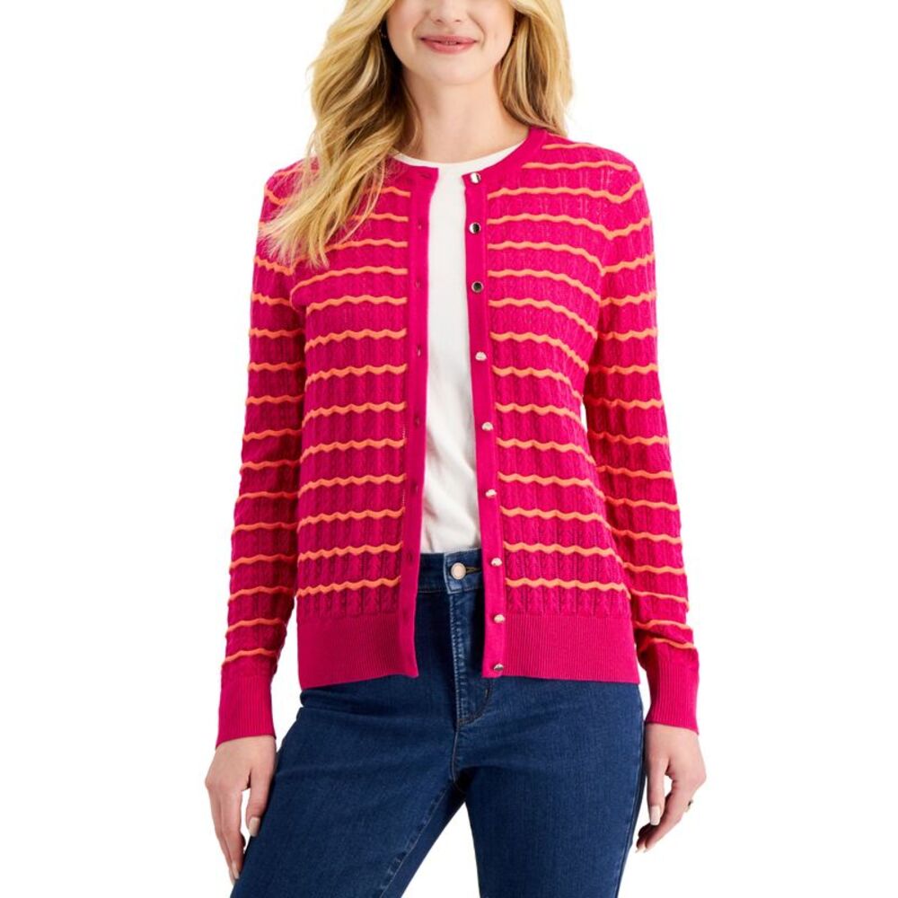 Charter Club Womens Wavy Stripe Button Cardigan